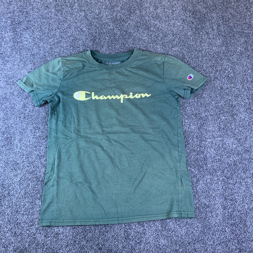 Champion T-Shirt Boys Large Green Spellout Logo Stretch Short Sleeve Summer Wear